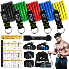 COFOF Resistance Bands Set, 5 Fitness Bands Expander Tube Bands, Fitness Band with Large Handle Ankle Strap Door Anchor Attachment Carrying Bag, Ideal for Pilates Strength Training Physiotherapy