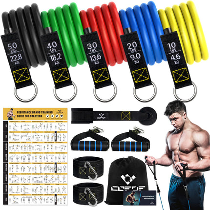 COFOF Resistance Bands Set, 5 Fitness Bands Expander Tube Bands, Fitness Band with Large Handle Ankle Strap Door Anchor Attachment Carrying Bag, Ideal for Pilates Strength Training Physiotherapy