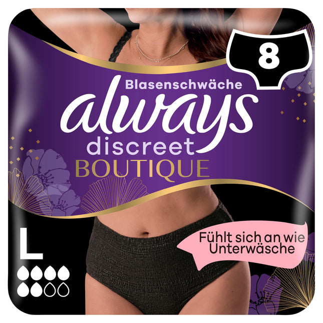 Always Discreet Boutique Incontinence Pants Size L (8 Pants), For Bladder Weakness, Absorb Odors and Moisture, Prevent Leakage, Black
