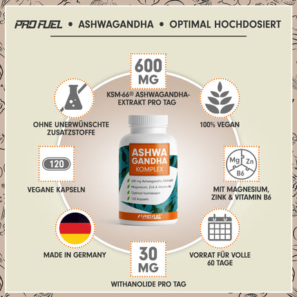 Ashwagandha Capsules 120x - 600 mg Ashwagandha KSM-66® per day - Ashwagandha Complex with Magnesium, Zinc &amp; Vitamin B6 - no unwanted additives - laboratory tested
