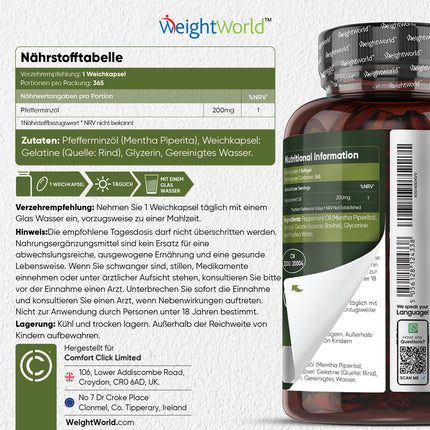 Peppermint Oil Softgels - 200mg Peppermint Oil per Softgel - 365 Pure Peppermint Oil Softgels - 1 Year Supply - Food Supplement - Peppermint for Wellbeing - WeightWorld