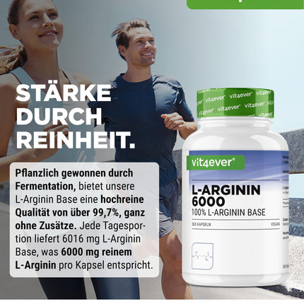 L-Arginine - 365 Capsules - 6000 mg pure L-Arginine per daily dose - Produced by plant fermentation - High dosage - No additives - Vegan