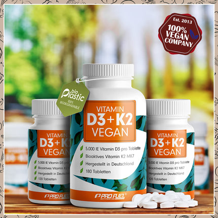 Vitamin D3 K2 VEGAN - 180 tablets with 5000 IU D3 + 200 mcg K2 (MK7) - High-dose and vegan vitamin D3 + vitamin K2 in bioactive MK7 form - laboratory-tested with certificate - Storage pack: 180 tablets