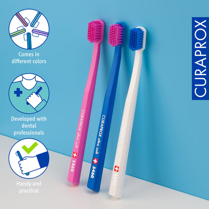 Curaprox Toothbrush Set CS 5460-3-Pack Ultra Soft Manual Toothbrush for Adults 5460 with super soft CUREN bristles -Random Color