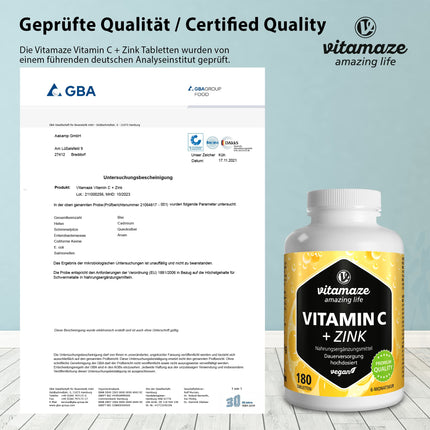 High-dose vitamin C 1000 mg + zinc, vegan &amp; optimally bioavailable, 180 tablets for 6 months, natural food supplement without unnecessary additives, made in Germany