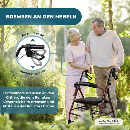 Mobiclinic®, Rollator, Escorial, European brand, Foldable and lightweight, Lockable handbrake, Walking aid, Aluminum, Removable basket, With seat and backrest, Bordeaux