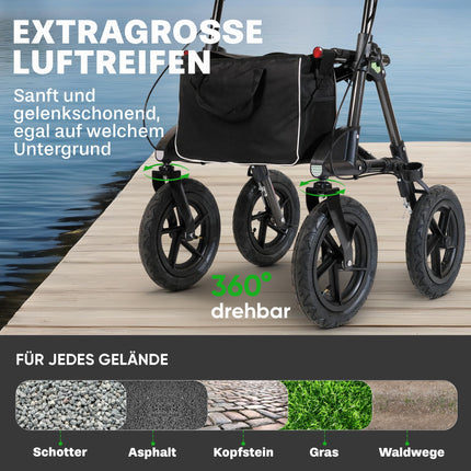 Outdoor rollator with pneumatic tires, a comfortable seat, and backrest—rugged, lightweight, and foldable. The affordable all-terrain rollator in titanium black.