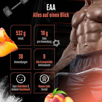 EAA Powder 532 g - All 9 essential amino acids including histidine &amp; BCAA - Human Code Formula - Amino Workout Drink - Delicious &amp; Top Solubility - Vegan (Ice Tea Peach)