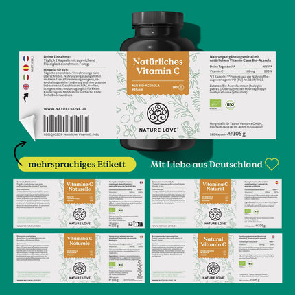 NATURE LOVE® Natural Vitamin C from Organic Acerola Extract - High Dose - Best Bioavailability - 180 Capsules - Immune System - Oxidative Stress - Laboratory-Tested, Vegan, and Produced in Germany