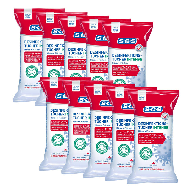 SOS Disinfectant Wipes INTENSE for hands and surfaces | biodegradable | eliminates 99.99% of bacteria, fungi, and viruses* (e.g., herpes, flu, and noroviruses) | 10x25