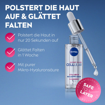 NIVEA Cellular Expert Filler Replumping Hyaluronic Acid Serum, light and fast-absorbing serum with pure hyaluronic acid, facial care for reduced wrinkles in one week (15 ml)