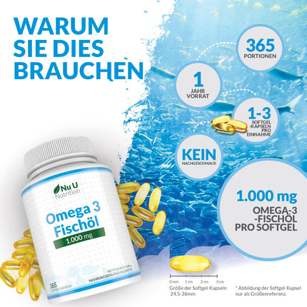 Omega 3 Fish Oil 1000mg - 365 Capsules High Dose - 900mg EPA &amp; DHA per dose in triglyceride form - Pure Fish Oil from Sustainable Fishing - Essential Omega 3 Fatty Acids - Nu U Nutrition