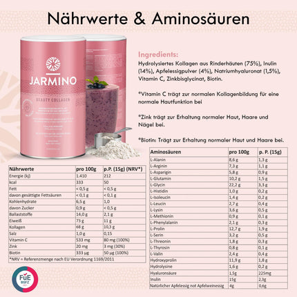 JARMINO Collagen Peptides with Hyaluronic Acid - Collagen Powder with Vitamin C, Biotin, Zinc | Collagen Hydrolysate, Collagen Powder for Radiant Skin, Healthy Hair, and Strong Nails | 450g