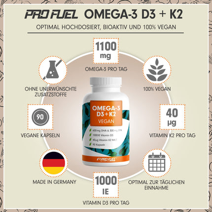 Omega-3 vegan + D3 &amp; K2 (90x), 1100mg algae oil with 600mg DHA &amp; 300mg EPA + 1000 IU vitamin D3 + 40 µg vitamin K2 - O3 D3 K2 vegan Essentials - Omega-3 capsules, high-dose, bioavailable &amp; laboratory-tested