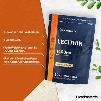 Lecithin Capsules 1400mg | High Dosage | 90 Soy Lecithin Softgels | Breastfeeding Vitamins with Vitamin E | Soy Lecithin | Horbaach