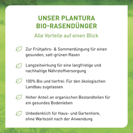 Plantura Organic Lawn Fertilizer Spring/Summer, 100% organic long-term fertilizer for a lush green lawn, effective for 3 months, healthy lawn, displaces moss and weeds, low-dust granules, 10.5 kg for 250 m²
