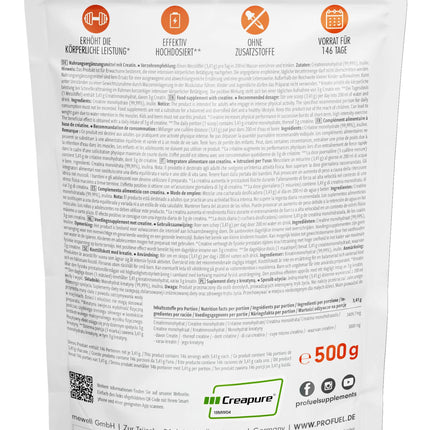 Creapure® Creatine Monohydrate Powder 500g - the premium creatine from Germany - extra high dosage for fitness &amp; strength training - high-quality creatine 100% Made in Germany - laboratory-tested &amp; 100% vegan