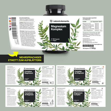 Magnesium Complex - Premium: Made from 5 high-quality compounds - 400mg elemental magnesium per daily dose - Laboratory-tested, vegan, high-dose