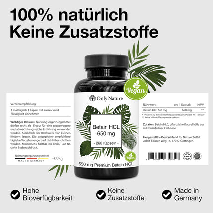 Betaine HCL 650 mg - 240 Capsules - Heartburn Tablets - High Dose - Produced in Germany &amp; Laboratory Tested - Vegan - Betaine HCL