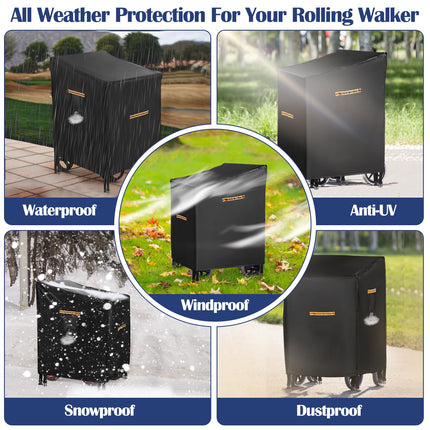 Rollator Cover, Robust 420D Rollator Cover Waterproof, Universal Protective Cover for Most Rollators, Waterproof Rollator Accessories with 4 Reflective Strips, 4 Buckles, Ventilation Slots