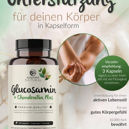 Surpresa Natural Glucosamine Chondroitin Capsules High Dose I 1 x 195 Capsules I 1500 mg Glucosamine &amp; 1200 mg Chondroitin per daily dose I Dietary supplement without additives &amp; laboratory tested