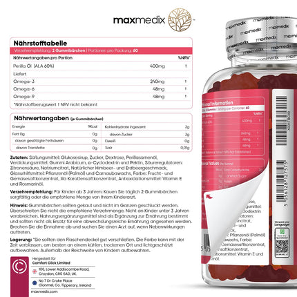 Omega 3 6 9 Gummies for Children - 400mg Perilla Oil Provides Omega 3, Omega 6 &amp; Omega 9 Per Serving - 120 Vegan Gummies - 2 Month Supply - Fatty Acids with Strawberry &amp; Raspberry Flavor - maxmedix