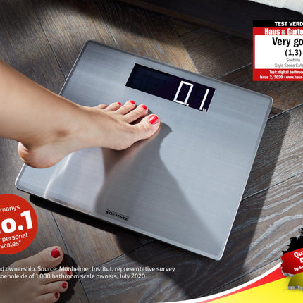 Soehnle Style Sense Safe 300 personal digital scale with extra-large LCD display, flat personal scale with anti-fingerprint coating, stainless steel scale
