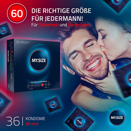 MY.SIZE Classic Condoms Size 5 I 60 mm Width I 36 Pieces Large Pack I Extra Thin, Realistic, Ultra-Soft I Thin 0.07 mm Wall Thickness I Vegan I Condoms for Men