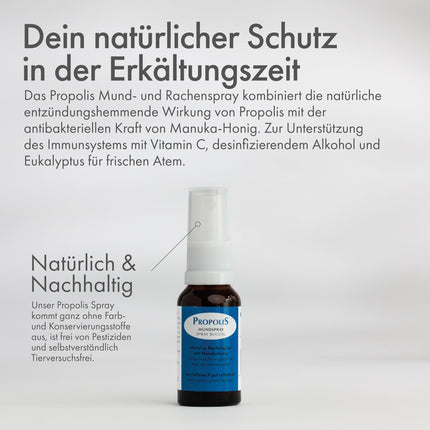 Propolis spray for throat, mouth and pharynx care - with New Zealand Manuka honey, vitamin C, eucalyptus and peppermint - supports sore throats, breathing difficulties and bad breath