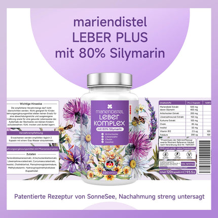 Liver Complex Milk Thistle 8-fold High Dose 120 Capsules with Choline Inositol Turmeric Aritchoke Dandelion 80% Silymarin Supports Normal Thyroid &amp; Liver Function Liver Test Winner Vegan
