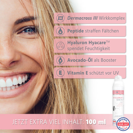 Hyaluronic Serum high-dose 100ml - with anti-aging booster avocado oil, peptides and vitamin E - vegan anti-wrinkle face cream for eyes, neck and décolleté with cross-linked hyaluronic acid