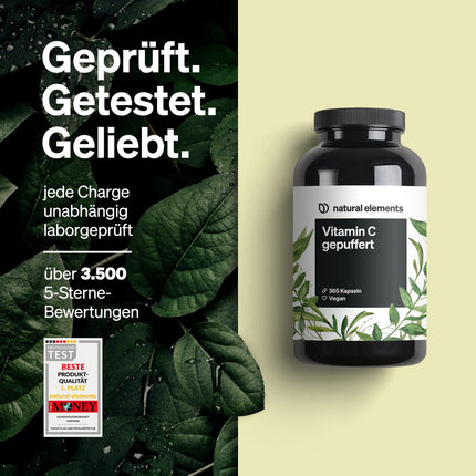 Vitamin C 500mg – 365 Capsules – Premium: From plant fermentation &amp; buffered (pH-neutral, acid-free, gentle on the stomach) – Laboratory-tested, vegan and produced in Germany
