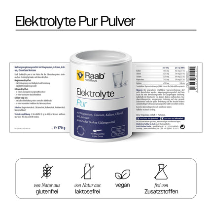 Raab Vitalfood® Pure Electrolytes (170 g) - vegan, with measuring spoon, electrolyte powder without sugar and without sweeteners, perfect for athletes with dehydration
