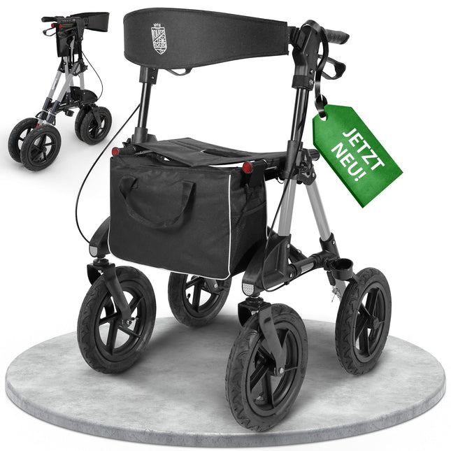 Outdoor rollator with 30 cm pneumatic tires, a seat and back strap with a removable bag, and height-adjustable ergonomic handles. Robust and lightweight, this all-terrain rollator is made of pearl white aluminum.