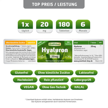 Hyaluronic acid, high-dose, 20 mg - 180 tablets, vegan. Pure hyaluronic acid - obtained through natural fermentation. No artificial additives - laboratory-tested. From Greenfood.