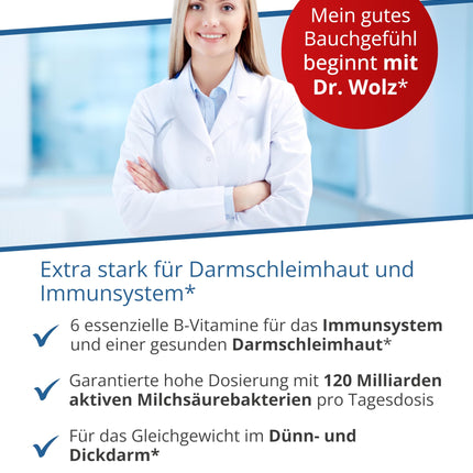 Dr. Wolz Darmflora plus select intens - 80 high-dose capsules - 22 lactic acid bacteria strains - 120 billion bacterial cultures per day - For intestinal mucosa &amp; immune system* - Intestinal treatment