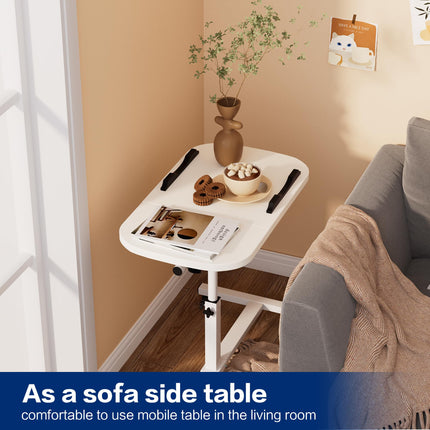 mosegor Mobile Side Table Height-Adjustable Nursing Table for Bed with 4 Casters, 60×40cm Laptop Table, Rotating Overbed Table for Living Room, Bedroom, Office, Bed, Sofa, Max. 20KG, White