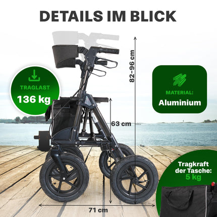 Outdoor rollator with pneumatic tires, a comfortable seat, and backrest—rugged, lightweight, and foldable. The affordable all-terrain rollator in titanium black.