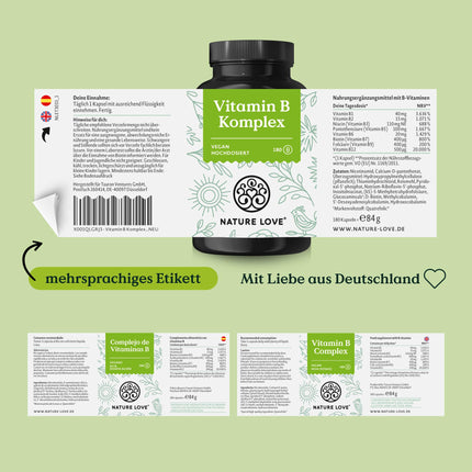 NATURE LOVE® Vitamin B Complex – High Dose: With 500 µg Vitamin B12 – 180 Capsules (6 months) – all 8 B vitamins (B1, B2, B3, B5, B6, B7, B9, B12) – vegan, laboratory-tested and produced in Germany