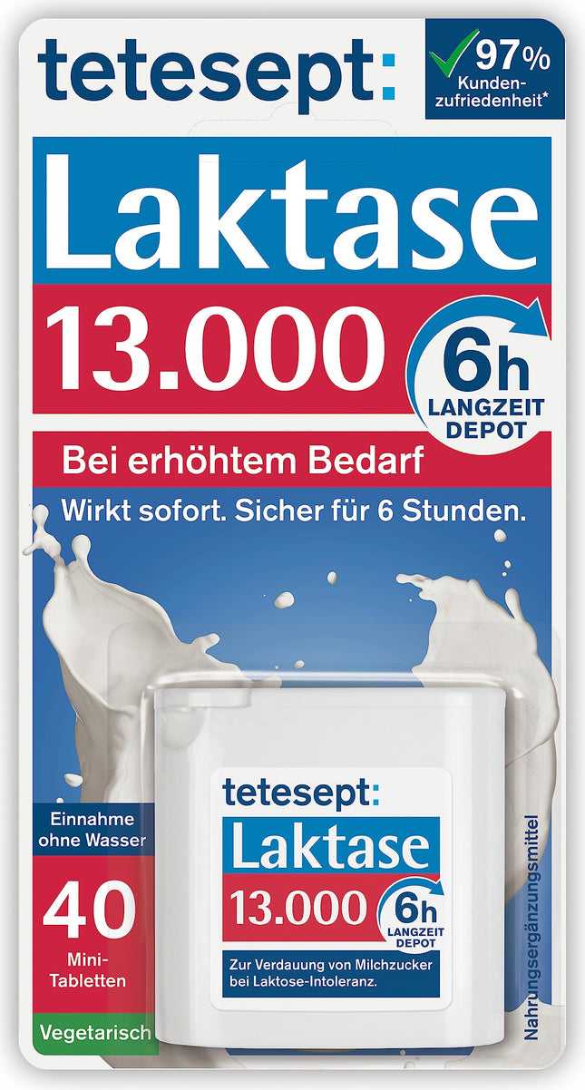 tetesept Lactase 13,000 – Lactase tablets for lactose intolerance – Dietary supplement with immediate effect &amp; 6h long-term depot – 1 can of 40 tablets