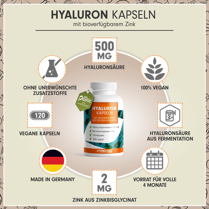 Hyaluron capsules 120x - optimally dosed with 500 mg hyaluronic acid per day - high-quality 500-700 kDa hyaluronic acid + 2 mg bioavailable zinc - laboratory-tested with certificate - 100% vegan