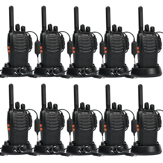 Walkie Talkie PMR446 License-Free Two-Way Radio, Pofung PT88E 16 Channels Professional Rechargeable Long-Range Walkie Talkies with USB Charging Station and Earpieces Black 10 Pack