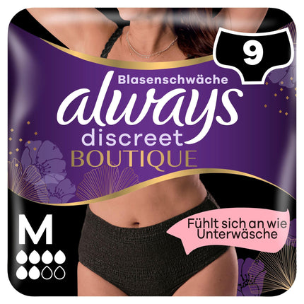 Always Discreet Boutique Incontinence Pants Size M (9 Pants) for Women, for Bladder Weakness, Absorb Odor and Moisture, Prevent Leakage, Black (Packaging May Vary)