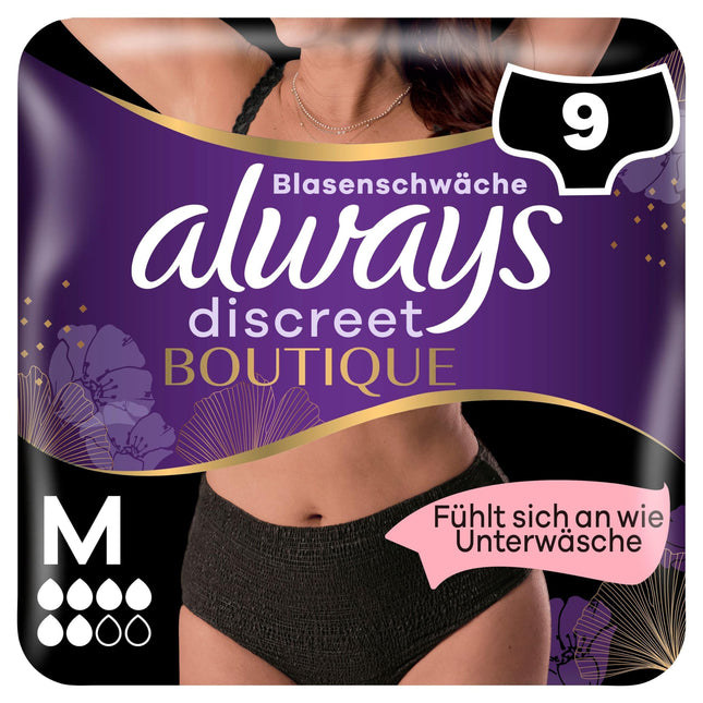 Always Discreet Boutique Incontinence Pants Size M (9 Pants) for Women, for Bladder Weakness, Absorb Odor and Moisture, Prevent Leakage, Black (Packaging May Vary)