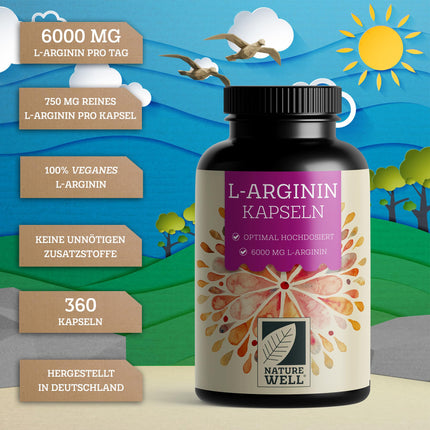 L-Arginine 360 ​​vegan capsules - with 6000 mg L-Arginine from plant fermentation (of which 6000 mg pure L-Arginine) per daily dose - No additives - laboratory-tested with certificate - 100% vegan