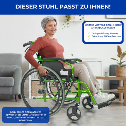Mobiclinic®, Wheelchair, Bolonia, Aluminum, Foldable and lightweight, Folding split backrest, Removable footrest, Armrests, For adults, Green