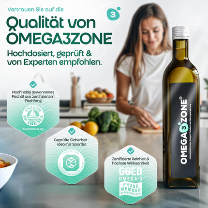 omega3zone Premium Omega-3 Fish Oil Liquid – High Dose: 5400 mg per serving in triglyceride form – Laboratory-tested, carefully purified, German production – 500 ml with lemon flavor