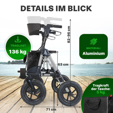 Outdoor rollator with 30 cm pneumatic tires, a seat and back strap with a removable bag, and height-adjustable ergonomic handles. Robust and lightweight, this all-terrain rollator is made of pearl white aluminum.