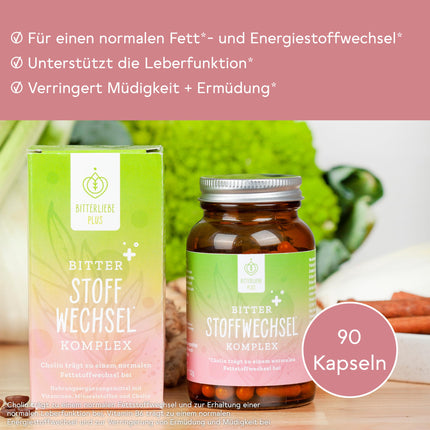 BitterLiebe® Bitter Metabolism Complex - 90 high-dose capsules with choline, zinc, vitamins &amp; bitter substances - For normal fat and energy metabolism - Vegan &amp; Made in Germany