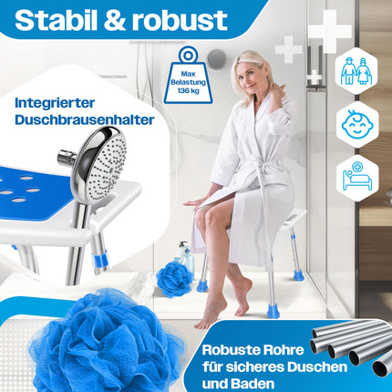 KESSER® Shower Stool, Height-Adjustable | Lightweight Bath Stool with Non-Slip Rubber Feet, Shower Chair, 136KG Load Capacity | Shower Aid for Seniors | Suction Cup Grab Handle, Bathtub Handle | Shower Seat with Shower Holder